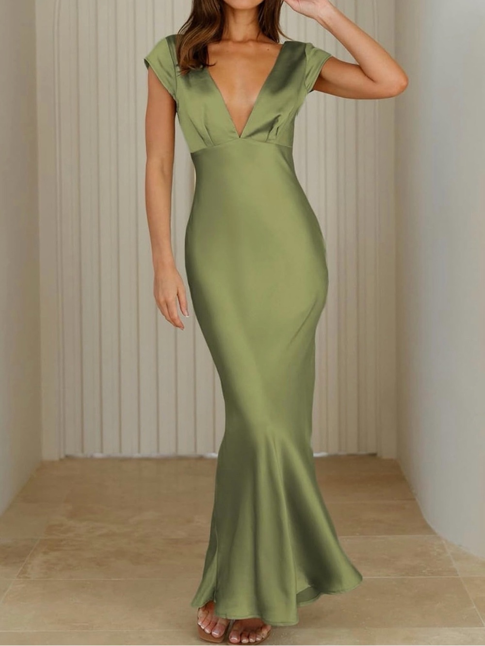 Olive Green Deep V Cap-Sleeve Maxi Dress